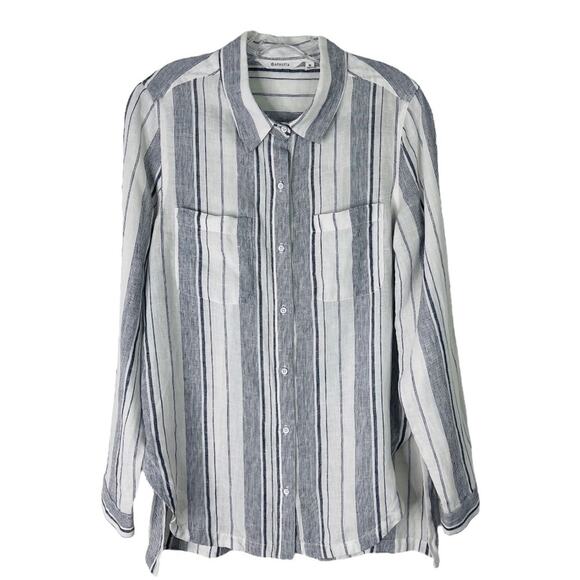Athleta white blue linen striped coastal preppy button front shirt medium - Picture 1 of 7